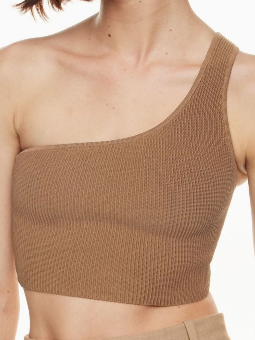 Aritzia Babaton Sculpt Knit One Shoulder Crop Tank Top Taupe Brown Size M